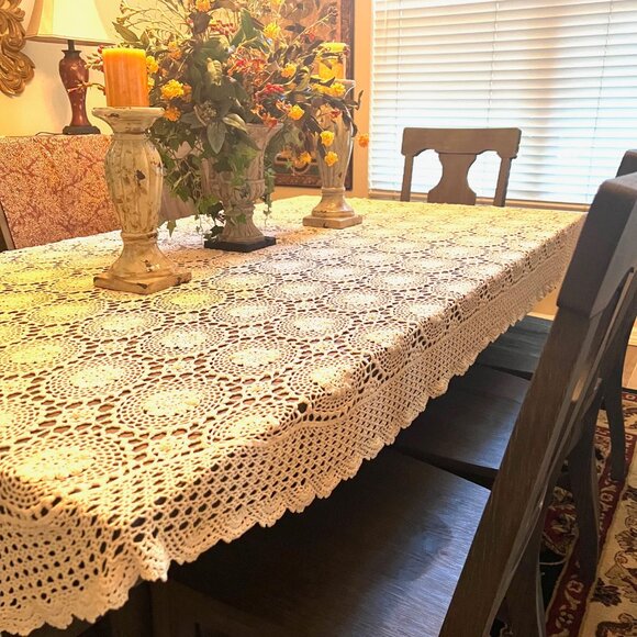 Crocheted Vintage Tablecloth-Handmade-Ivory/Cream-Approx. 68" x 108"-Rounded - Picture 6 of 10